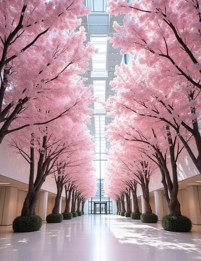 モダンなビルのエントランスに飾られた大きな桜の枝